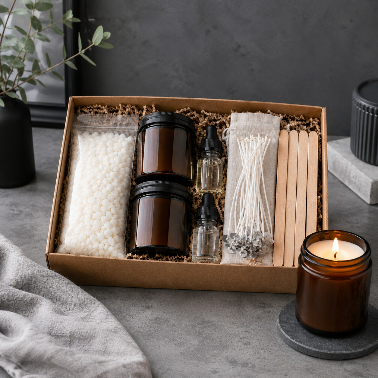 Complete DIY Candle Making Kit – Natural Soy Wax Candle Craft Set with Amber Jars, Wicks, Fragrance Oils, Stir Sticks & Gift Box for Home Decor, Relaxation & Handmade Gifts