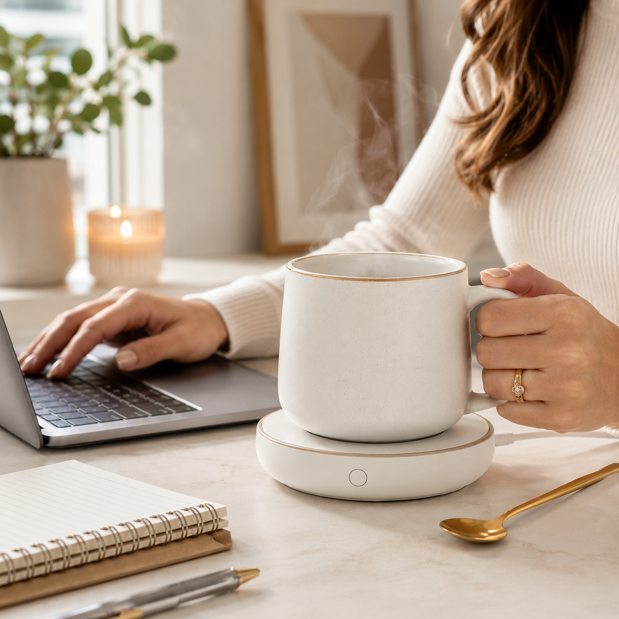 Self-Warming Ceramic Mug Set – Electric Coffee Mug Warmer with Matching Cup, Gold Spoon & Gift Box for Home Office, Desk, Bedroom & Cozy Gifts