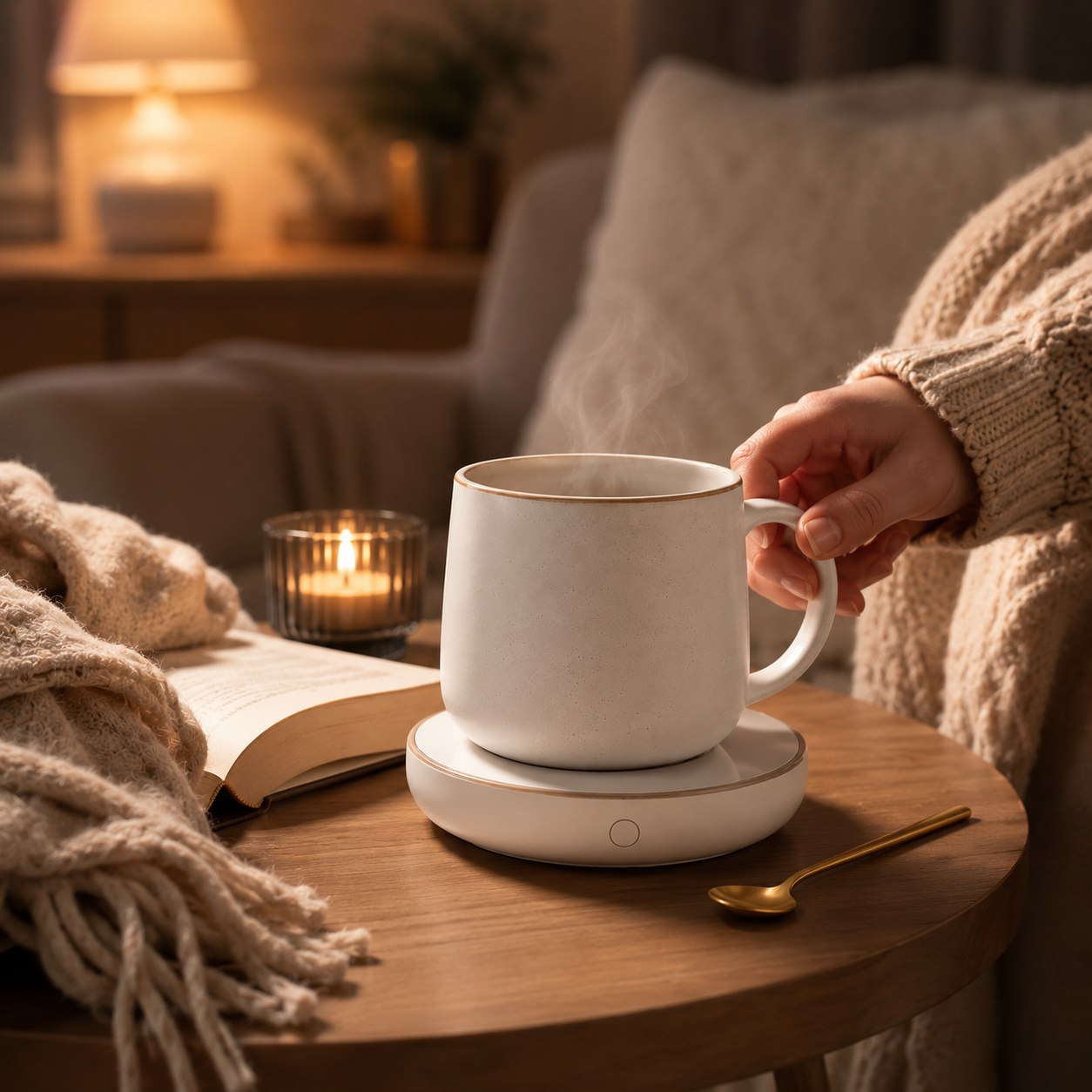 Self-Warming Ceramic Mug Set – Electric Coffee Mug Warmer with Matching Cup, Gold Spoon & Gift Box for Home Office, Desk, Bedroom & Cozy Gifts