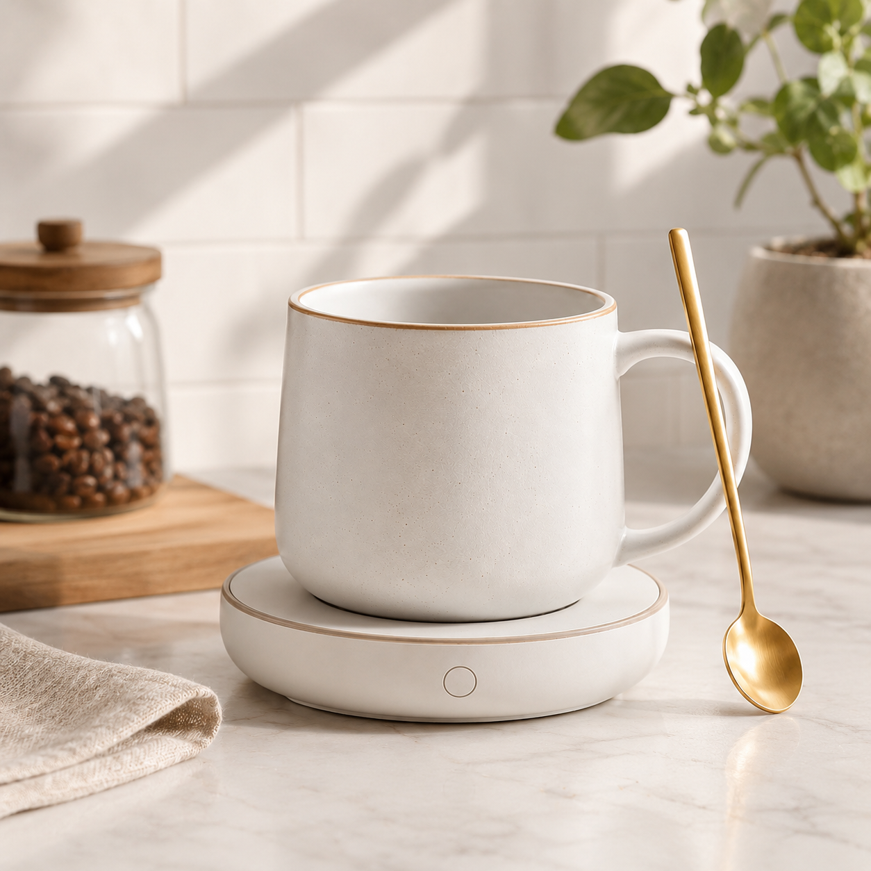 Self-Warming Ceramic Mug Set – Electric Coffee Mug Warmer with Matching Cup, Gold Spoon & Gift Box for Home Office, Desk, Bedroom & Cozy Gifts