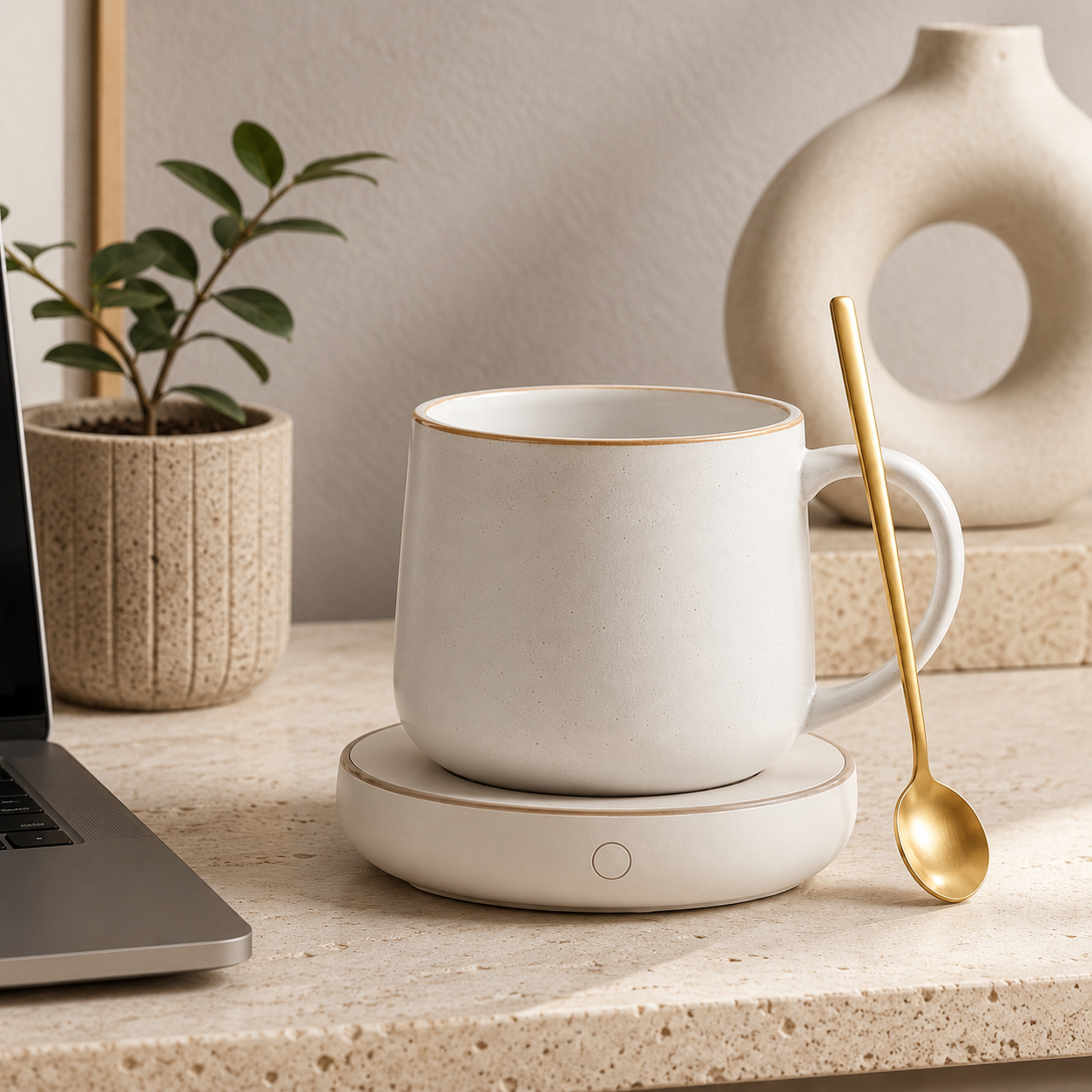 Self-Warming Ceramic Mug Set – Electric Coffee Mug Warmer with Matching Cup, Gold Spoon & Gift Box for Home Office, Desk, Bedroom & Cozy Gifts